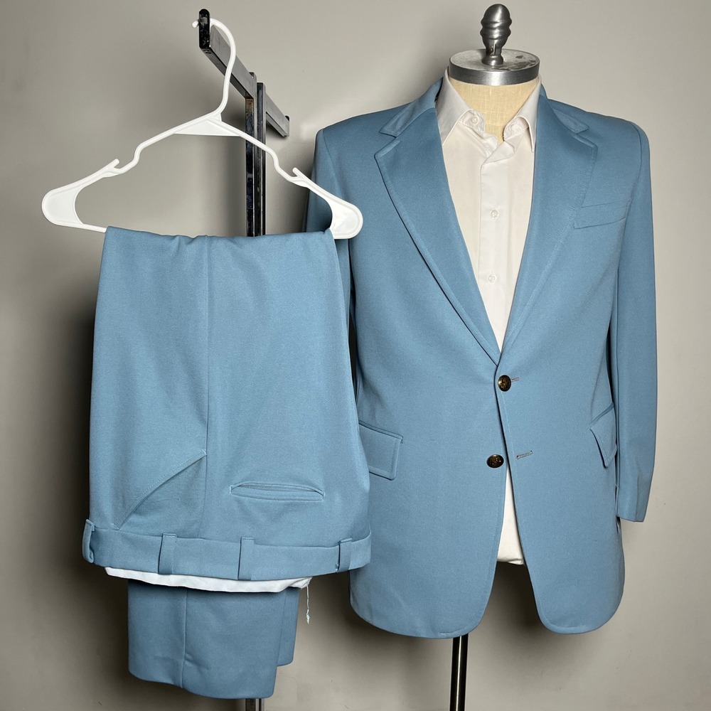 JCPenney Suit Mens 44L 37x29.5 Light Blue Solid Vintage 70s Disco 2-Piece Set